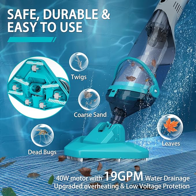 Handheld Hot Tub Spa Pool Vacuum, 19 gallons/min, Cordless Rechargeable Pool Vacuum for Above Ground Pool, 60 Mins Running Time, Ideal for Leaves, Cleaning Debris and Sand Underwater