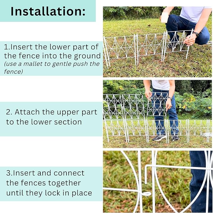 ShopLaLa Animal Barrier Fence (10 Panels) 12.5in(L) x 31in(H) Rustproof Metal Wire Decorative Flower Bed Edging for Landscape with Eclipse Design, Fencing Patio Yard Outdoor Panels Decor White Fence