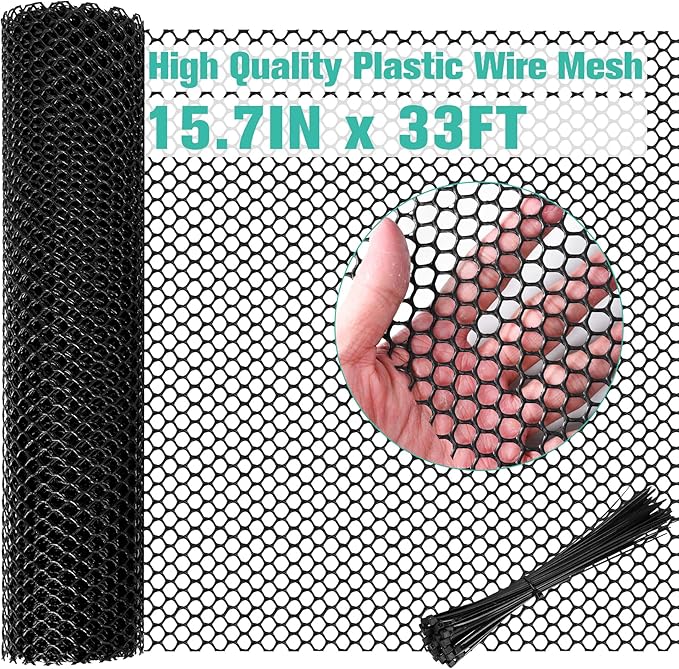 Plastic Mesh Fence Sheet 15.7IN x 33FT - 0.3IN Opening Plastic Chicken Wire Netting Roll Durable for Dogs, Poultry, Puppy, Garden Snake Barrier with 50 Pcs Zip Ties - Black