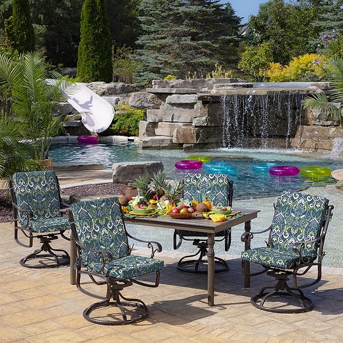 Arden Outdoor Midback Chair Cushion, 18 x 16.5, Water Repellent, Fade Resistant 18 x 16.5, Sapphire Aurora Blue Damask
