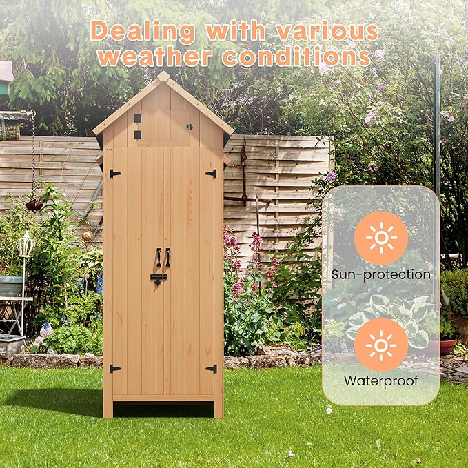 70" Tall Outdoor Storage Shed, Wooden Garden Storage Cabinet with Shelves, Waterproof Vertical Tool Storage Organizer with Lockable Doors for Patio, Backyard, Lawn Equipment & Yard Supplies