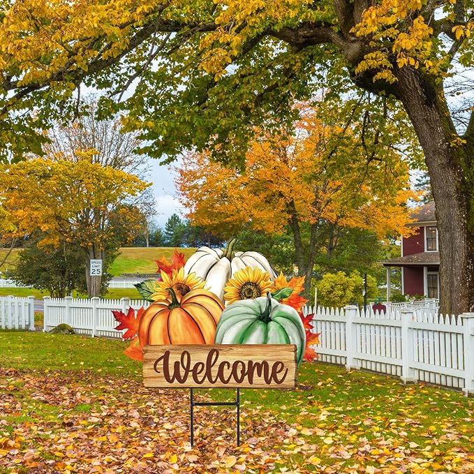 JarThenaAMCS Fall Pumpkin Metal Garden Stakes Green Orange White Pumpkin Decorative Lawn Sign Autumn Harvest Welcome Yard Sign for Thanksgiving Home Outside Lawn Porch Decor