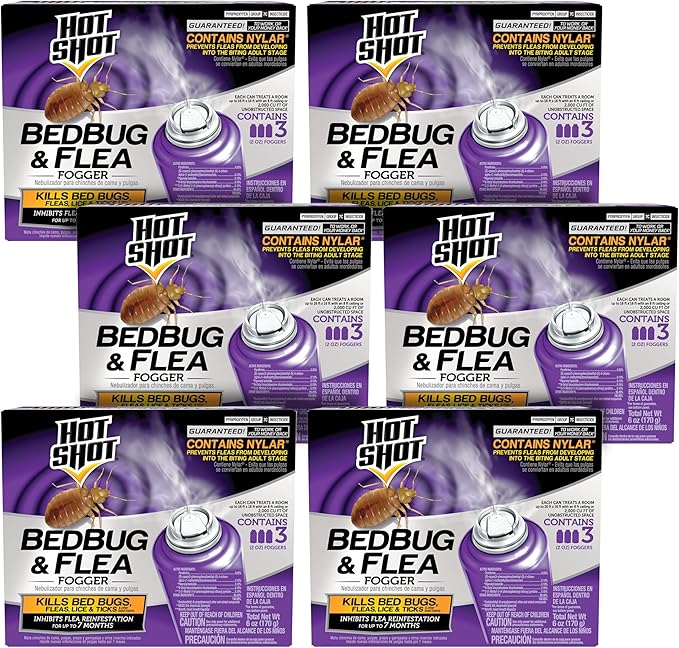 Hot Shot BedBug And Flea Fogger 3 Count-2 Ounce Cans, With Nylar, Inhibits Flea Reinfestation, 6 Pack