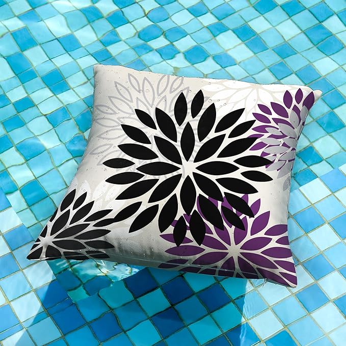 DFXSZ Black Purple Flower Pillow Covers 20x20 Inch Set of 2 Outdoor Throw Pillows Outdoor Waterproof Decor for Living Room Sofa Patio Funiture Garden Floral Polyester Pillow Covers 002Q20