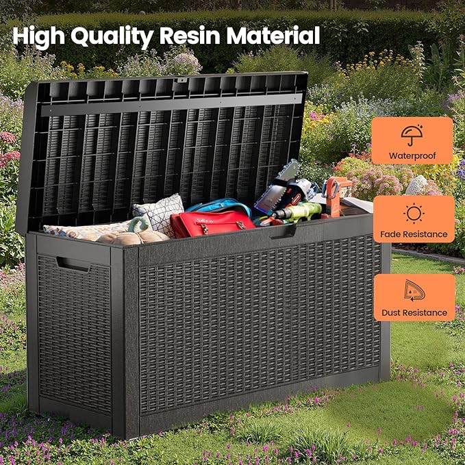 60 Gallon Outdoor Storage Box for Indoor & Outdoor Use, Waterproof Resin Rattan Deck Bin - Lockable & Fade Resistant - Ideal for Package Storage, Patio Cushions & Gardening Tools, Black