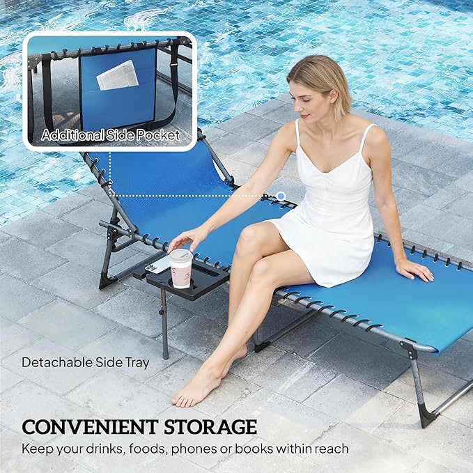 Outsunny Folding Chaise Lounge Chair Outdoor Tanning Chair with Side Table, 5-Level Adjustable Beach Lounge Chair with Headrest, Side Pocket for Patio, Backyard, Beach, Poolside, Blue