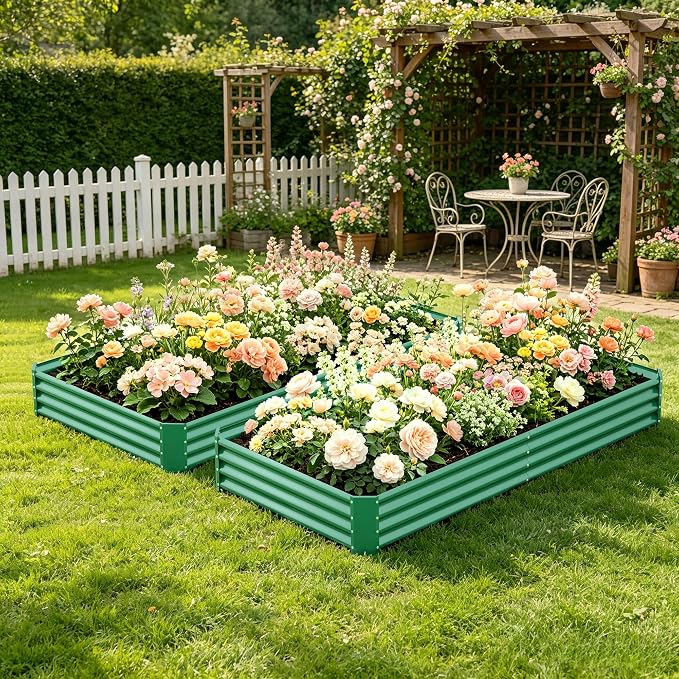 8x4x1ft(2 Pack) Galvanized Raised Garden Bed,Outdoor Planter Box Metal Patio Kit Planting Bed for Vegetables,Flowers, Green