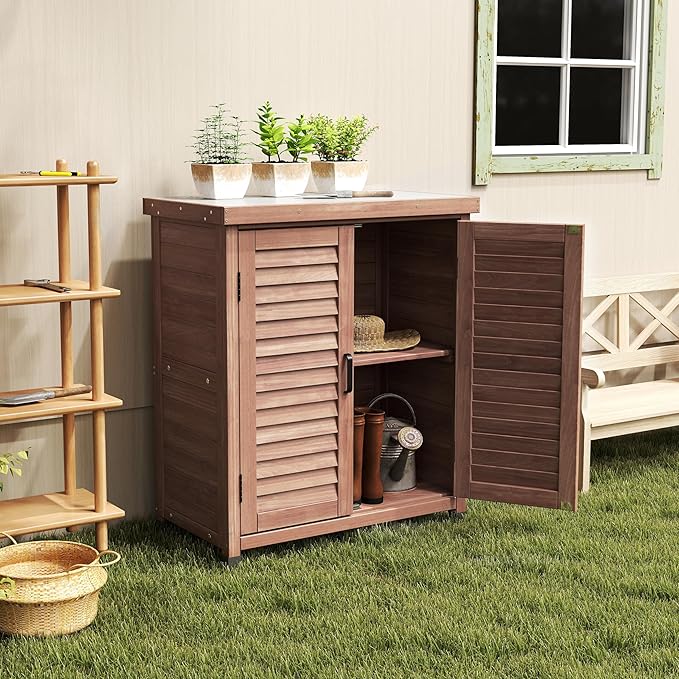 YOPTO Outdoor Wood Storage Cabinet,Garden Shed Tool with Metal Table Top, Backyard Waterproof Shelter W/Ventilated Screen Door & 2 Handles,2 Compartments,Workstation for Lawn,31x17x36'',Coffee
