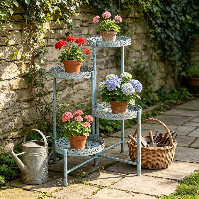 4-Tier Vintage Distressed Blue Metal Plant Stand, Foldable Corner Flower Pot Holder Shelf for Indoor Outdoor, Rustic Plant Rack for Patio Porch Garden Balcony Living Room