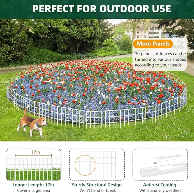 31ft(L) x 13in(H) Animal Barrier Fence, 22 Panels No Dig Garden Fence for Dog Rabbit, Rustproof Anti Digging Barrier, Garden Edging Border Ground Defense for Outdoor, Yard, Patio, White