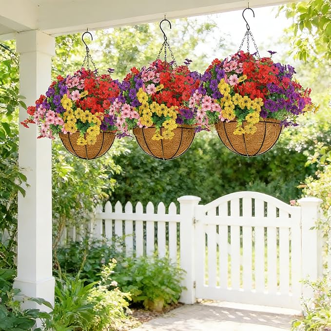 Senjie 4 Set Artificial Hanging Flowers with Basket for Outdoor Decor, UV Resistant 48 Bundles Faux Flowers Fake Hanging Planter for Porch Patio Balcony