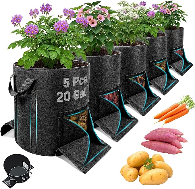 Mulctun 5Pcs 20 Gallon Potato Grow Bags, Grow Bags with Harvest & Visible Windows,Potato Bags for Growing Potatoes with Sturdy Handles,Potato Growing Containers for Growing Potatoes Vegetables