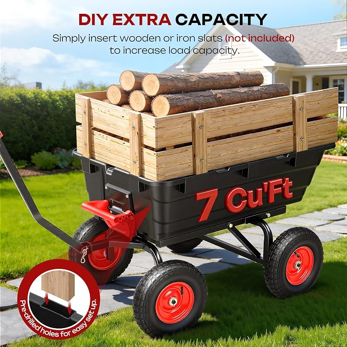 1200lbs Garden Dump Cart,7 Cu.Ft Utility Wagon Cart with Hitch,Heavy Duty Yard Dump Wagon Wheelbarrows with 13" All Terrain Wheels & 2-in-1 Handle,Tow Behind for Lawn Mower Tractor ATV
