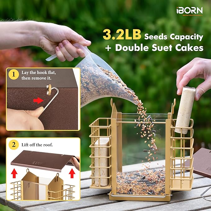 iBorn Bird Feeders for Outdoors,Bird Feeder with Double Suet Holders,Suet Feeder for Outside,Weatherproof Metal Roof,Easy to Refill&Clean,3.2 LBs Seed Capacity+2X Cake,1 Pack,Coffee Roof & Yellow Grid