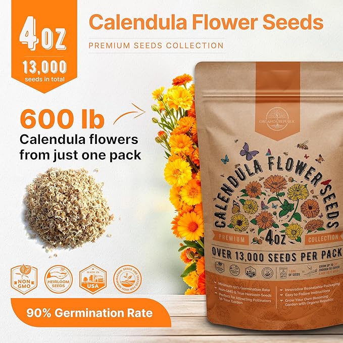 Calendula Seeds Pack 4 oz - Over 13,000 Non-GMO Heirloom Calendula Seeds for Planting Indoor & Outdoor Gardening, Flower Seed for Planting Home and Garden, Flowers Seed in Individual Packet