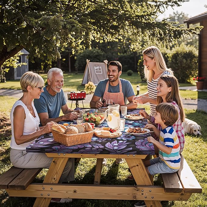 Fitted Waterproof Picnic Table Cover with Bench Covers Elastic Reusable Camping Table Cloths for 8Ft Rectangle Tables Summer Camp Motorhome Party Gear Outdoors Car Travel Trailer Gadgets Gift