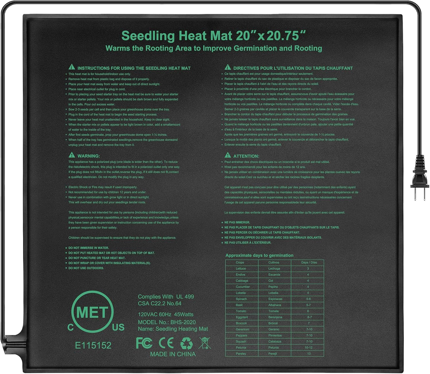 Bestio Waterproof Seedling Heat Mat, 20×20.75 in Heat Mats for Seed Starting, MET Certified Seed Mat, Suitable for Indoor Gardening, Germination