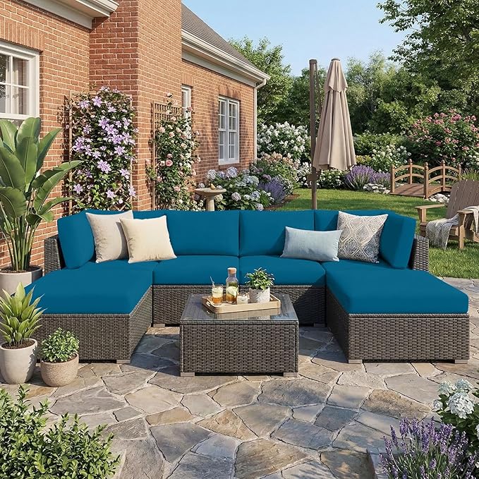 hyha Waterproof Outdoor Cushion Covers for Patio Furniture, Stretch Patio Chair Cushion Slipcovers, Coated UV Resistant Replacement Seat Covers, Solid Color (Peacock Blue, 14PC)