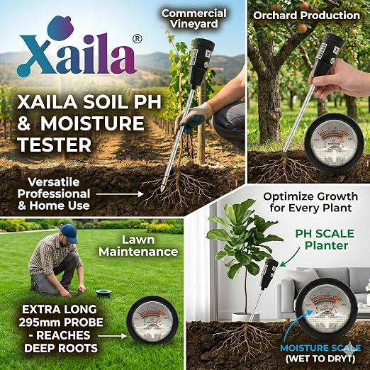 Xaila 2-in-1 Soil pH & Moisture Meter, 300mm Probe – Replacement for Standard Testers, No Battery, Deep Penetration for Garden, Farm, Lawn, Indoor/Outdoor Plants