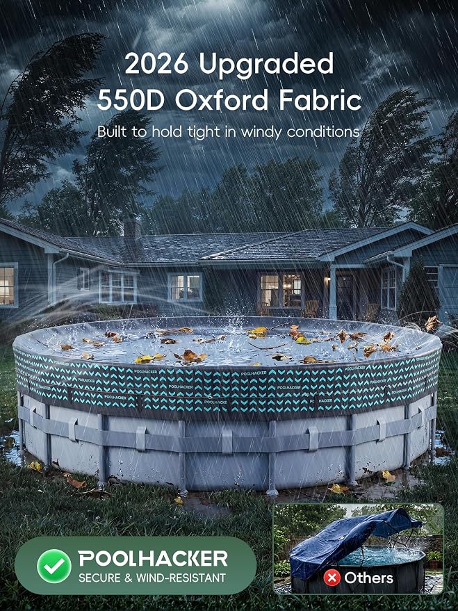 POOLHACKER 550D Pool Cover 24FT Round for Above Ground Pools [2026 Upgraded Heavy-Duty Fabric] Windproof Swimming Pool Cover with Steel Cable & Pulley System, UV Resistant