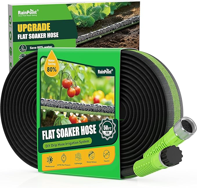 RAINPOINT Soaker Hose 50FT, 80% Water-Saving Drip Irrigation Hose for Garden, Leakproof and Flexible with Anodized Aluminum Ends, Double Layer Flat Soaking Hose for Flower, Vegetables and Tree, Green