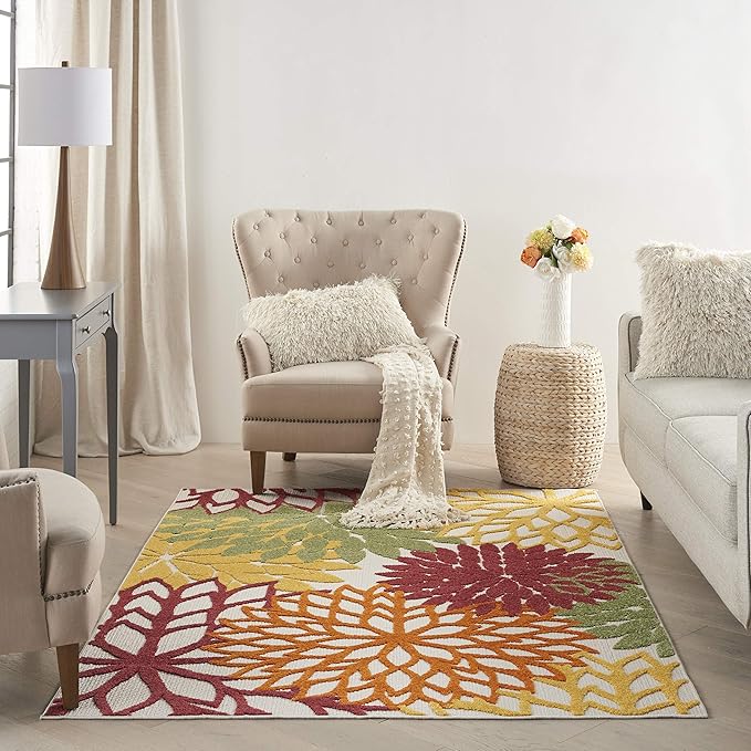 Nourison Home Aloha Indoor/Outdoor Red Multi Colored 5'3" x 7'5" Area Rug, Tropical, Botanical, Easy Cleaning, Non Shedding, Bed Room, Living Room, Dining Room, Deck, Backyard, Patio (5x7)