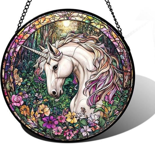 DASTOLL Stained Glass Window Hanging, Unicorn Flowers Suncatcher for Doors Home Sun Catchers Decoration and Christmas, Mother's Day Birthday Gifts for Women, Men, and Mom 9.8 in
