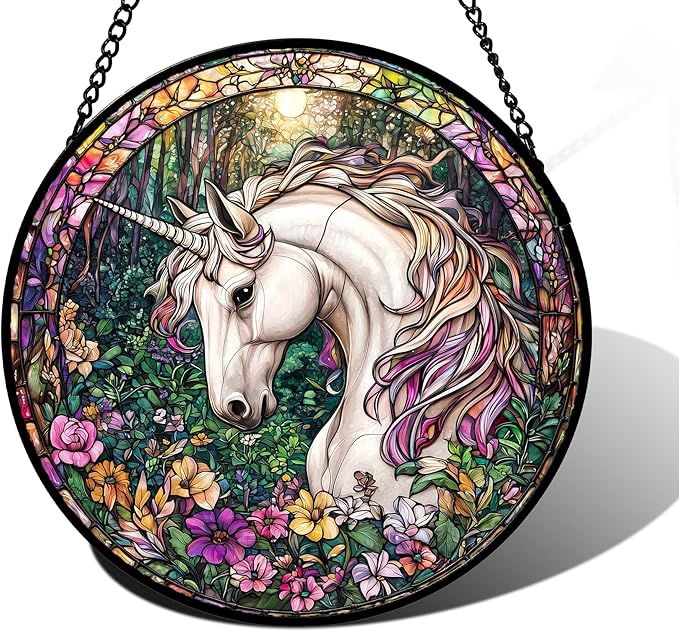 DASTOLL Stained Glass Window Hanging, Unicorn Flowers Suncatcher for Doors Home Sun Catchers Decoration and Christmas, Mother's Day Birthday Gifts for Women, Men, and Mom 11.8x11.8 in