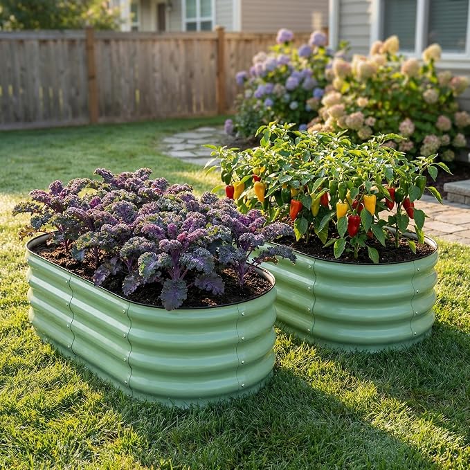 SnugNiture Galvanized Raised Garden Bed Outdoor, 2 Pcs 4x2x1ft Oval Metal Planter Box for Planting Plants Vegetables, Green