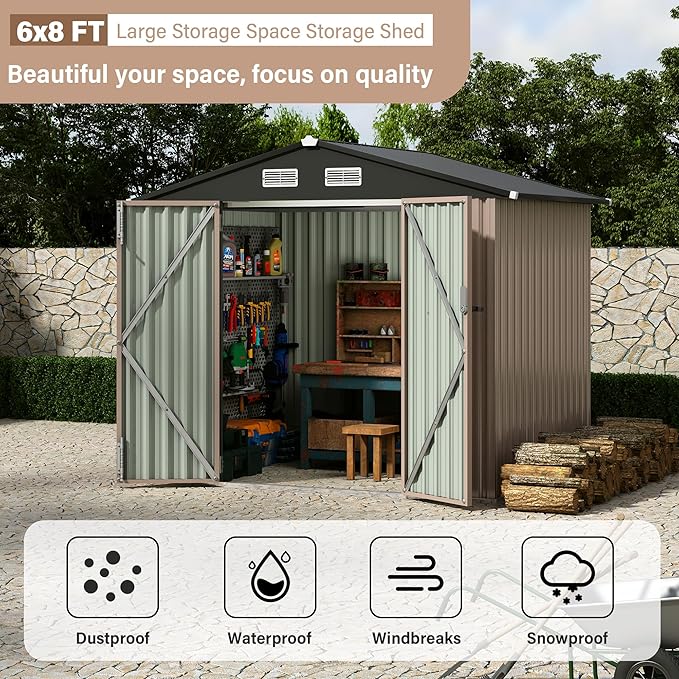 GarveeLife 6x8x6.4 Ft Outdoor Storage Sheds, Metal Garden Tool Shed for Backyard, Large Metal Sheds Outdoor Storage with Lockable Doors & Air Vents for Backyard Garden Patio Lawn