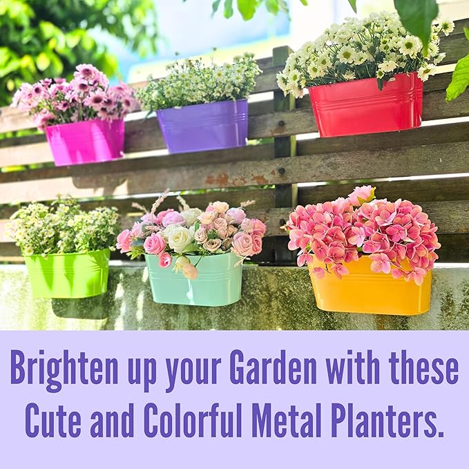 LaLaGreen Rail Planter (17 Inch, 6 Pack) Colorful Hanging Flower Railing Fence Balcony Gardening for Apartment Patio Planters Modern Garden Style Metal Iron Outdoor Deck Decoration Porch Decor Pots