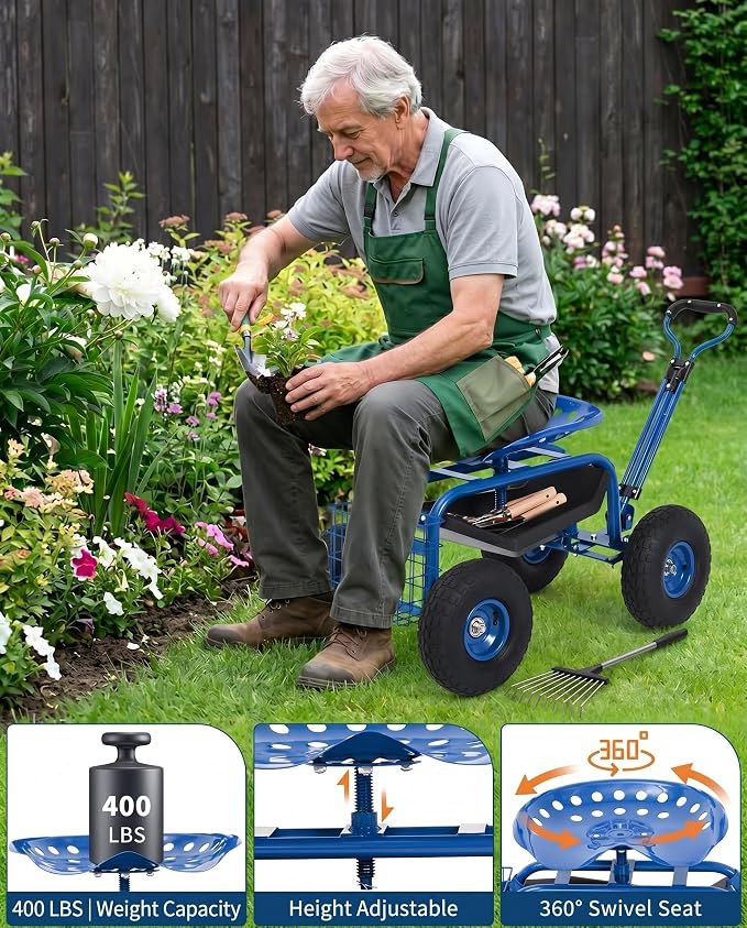Garvee Heavy Duty Garden Seat, Garden Scooter Rolling Work Seat, 360° Swivel with 10-Inch All-Terrain Inflatable Tires, Extendable Steering Handle & Metal Tool Tray for Planting, Weeding, Yard Work