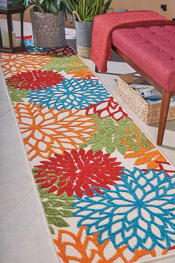Nourison Home Aloha Indoor/Outdoor Green 2'3'' x 10' Area--Rug, Tropical, Botanical, Easy--Cleaning, Non Shedding, Bed Room, Living Room, Dining Room, Deck, Backyard, Patio (2x10)