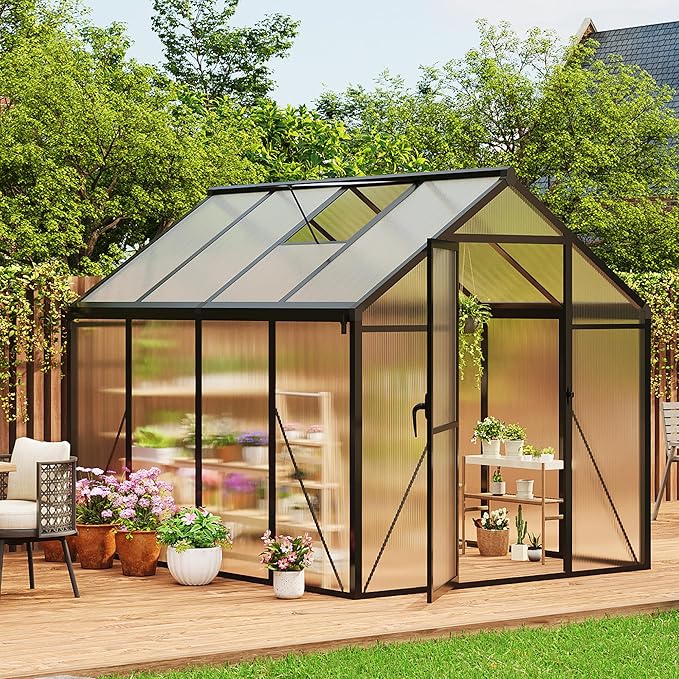 IDEALHOUSE 6×8 FT Greenhouse, Large Walk in Greenhouses for Outdoors and Garden Planting, Polycarbonate Greenhouse with Enhanced Aluminum Frame, Green Houses with Quick Setup Structure and Roof Vent