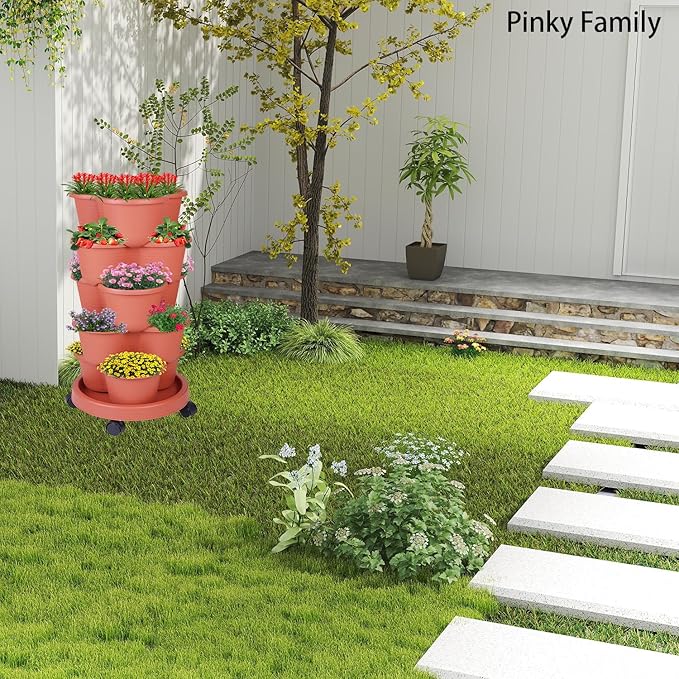 5-Tier Vertical Garden Tower Stackable Planter for Strawberries, Flowers, Vegetables & Herbs 2-Pack