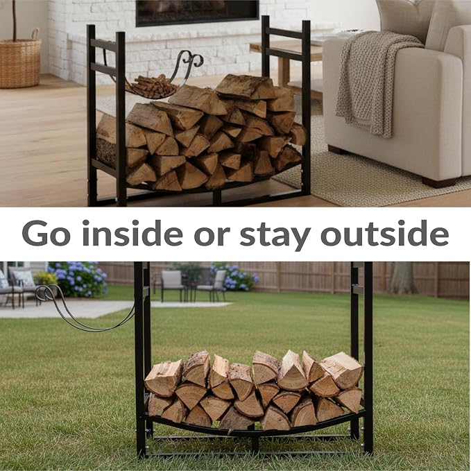 Sunnydaze 33" Indoor Firewood Rack with Kindling Log Holder - Heavy-Duty Outdoor Wood Storage for the Fire Pit or Fireplace - Black