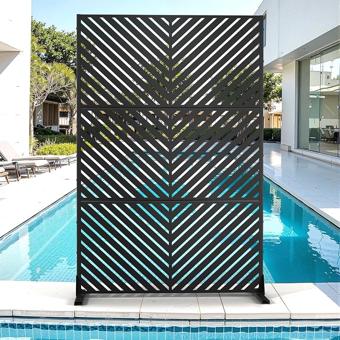 Metal Privacy Screen for Outdoor & Indoor Use, Free Standing Privacy Screen for Patio Garden Pool, 72" H x 47" W Decoative Privacy Panels, Weather Resistant, Easy Assembly (Black Parallel Line)