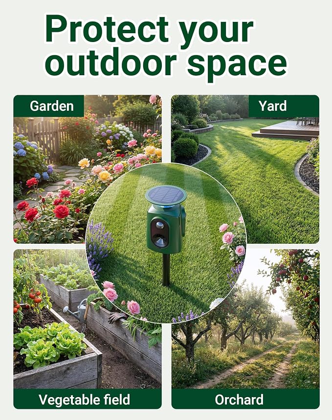 360° Solar Ultrasonic Animal Repeller Outdoor, Motion Activated Deer Repellent Devices with Flashing Lights, Waterproof Cat Repellent Outdoor for Yard, Repel Dog, Raccoon, Coyote, Skunk & More