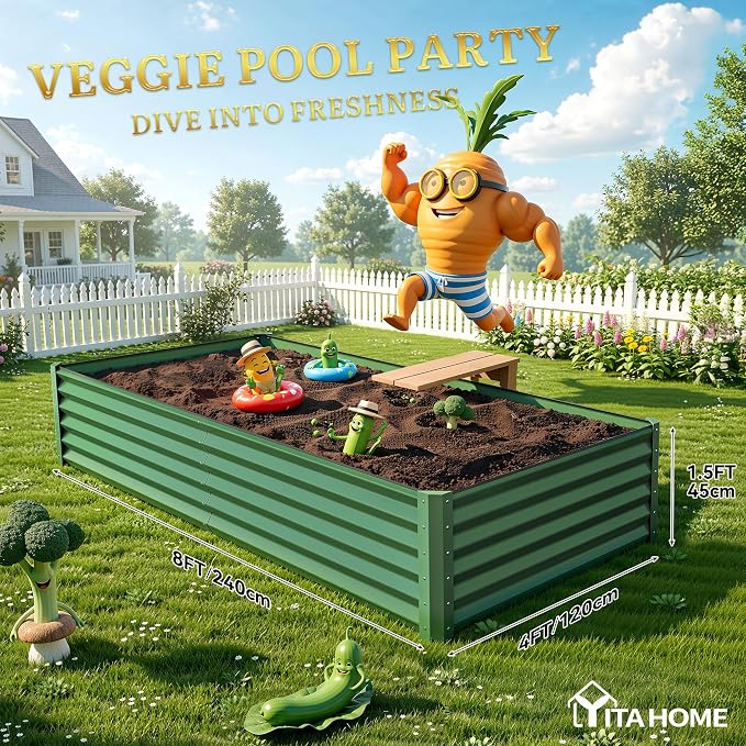 YITAHOME 8x4x1.5ft 2pcs Large Raised Garden Bed Kit, Galvanized Metal Planter Box with Gloves, Ground Nails & Safety Rubber, Outdoor Above Ground Planters for Plants Vegetables Flowers, Green