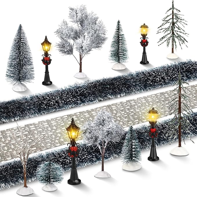 Hotop 18pc Christmas Village Accessories 47.2 Inch Village Roads Mini Snowy Trees Streets Light Lamppost Hedge Figurines Set for Display Winter Holiday Decorations DIY Crafts No Batteries(Trendy)