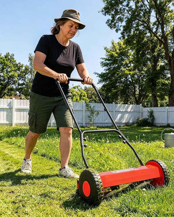 16-Inch Hand Push Reel Lawn Mower, 5-Blade Manual Push Lawnmower, 0.4-4" Adjustable Cutting Height, Lightweight for Small/Medium Yards, Easy Assembly, Compact & Quiet, Red