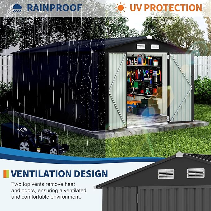 GarveeLife 10x14 Ft Outdoor Storage Sheds, Metal Garden Tool Shed for Backyard, Large Metal Sheds Outdoor Storage with Lockable Doors & Air Vents for Backyard Garden Patio Lawn