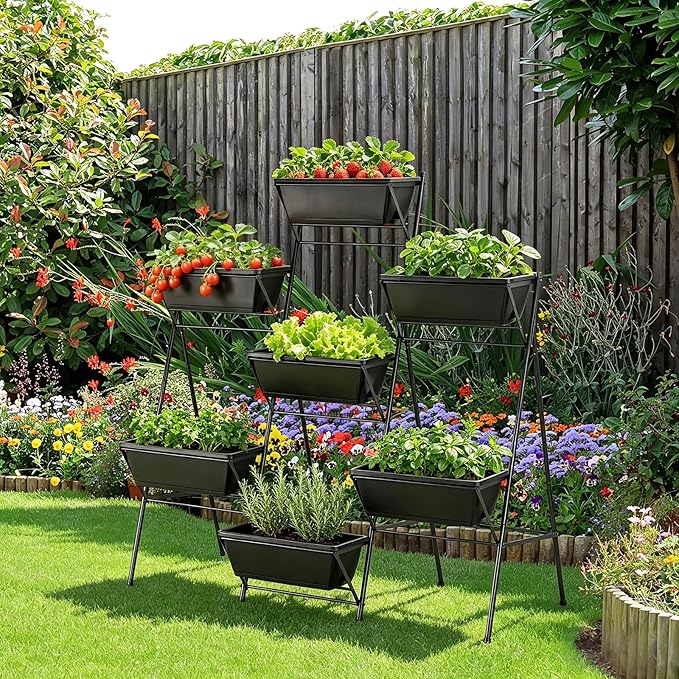 Raised Garden Bed Tiered Vertical Garden Planters Outdoor 7 Planter Boxes with Legs Indoor Elevated Herbs Flowers Vegetables Garden Box for Backyard Patio Balcony, Black