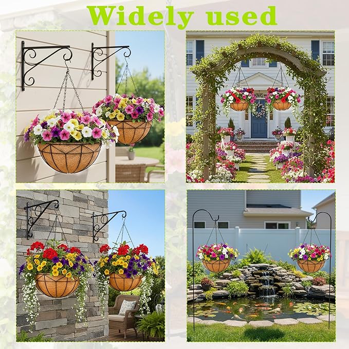 4 Pack 14 Inch Black Wire Hanging Planter with Coir Fiber Outdoor Round Hanging Basket with Metal Chain for Balcony Porch Farmhouse Country Style Garden Decor (Geometric)