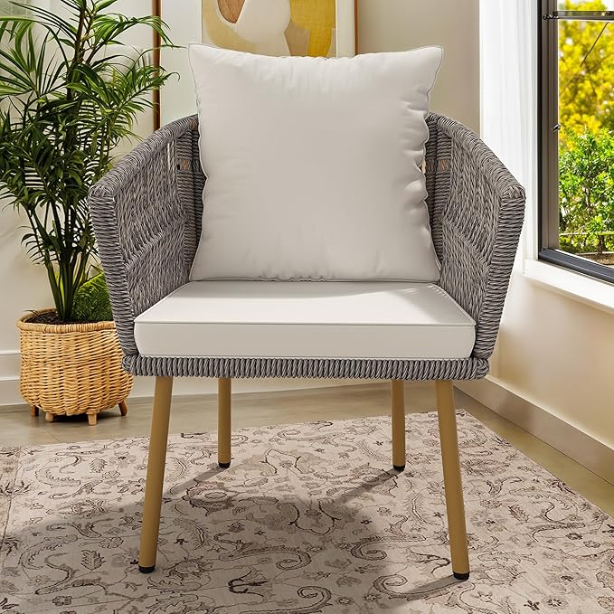 DWVO Wicker Sofa Chair, Single Bistro Armchair with Weatherproof Cushions, Outdoor Dining Chair for Outdoor, Indoor, Beige