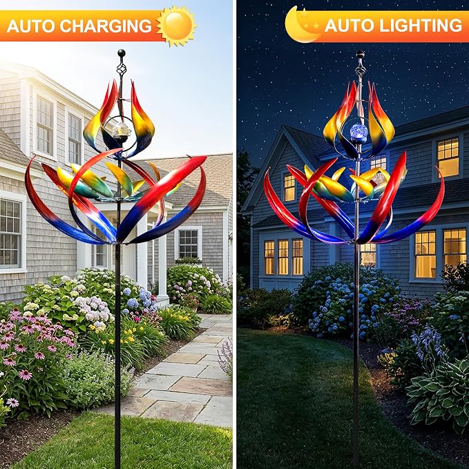 106" Solar Wind Spinners Outdoor Large Metal - Kinetic Wind Sculptures with Crackle Glass LED Globe, Heavy Duty Garden Decor for Outside Lawn Patio, Stable Stake Windmill Yard Art Gifts
