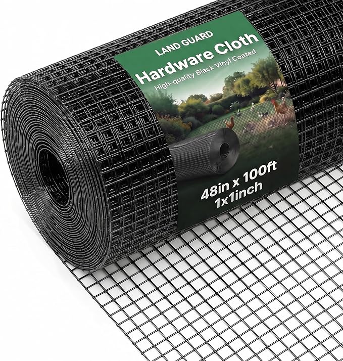 Land Guard 48 inch×100 ft Black Vinyl Coated Hardware Cloth, 1 inch Black PVC Hardware Cloth, Black Welded Wire Fence Supports Poultry Netting Cage Fence