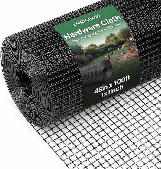 Land Guard 48 inch×100 ft Black Vinyl Coated Hardware Cloth, 1 inch Black PVC Hardware Cloth, Black Welded Wire Fence Supports Poultry Netting Cage Fence