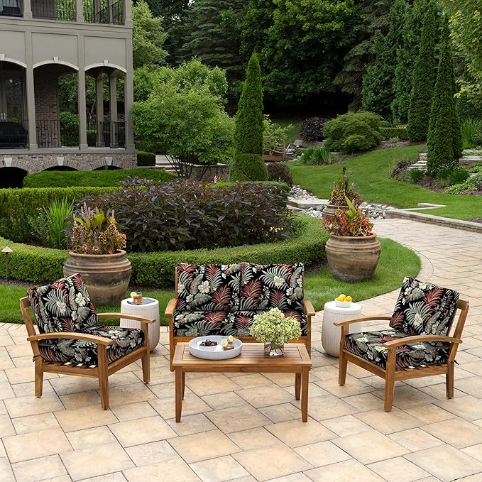 Arden Outdoor Loveseat Cushion Set, 48 x 24, Rain-Proof, Fade Resistant, Cushion Set for Couch, Bench, and Swing Simone Black Tropical