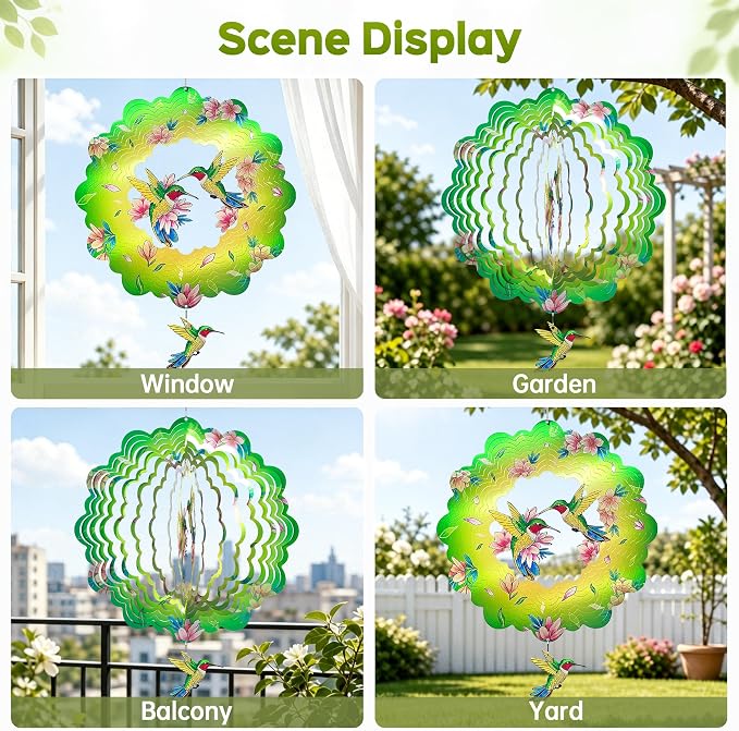 Hummingbird Wind Spinners Outdoor Decor, IDEA SHOW 12 in 3D Kinetic Stainless Steel Hanging Wind Spinner Sculpture with Pendant, Rustproof Metal Yard Art Garden Decorations, Unique Gifts for Women Mom